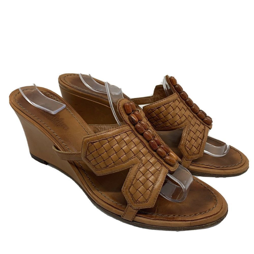 Max Mara Brown Leather Beaded Wedge Sandals Sz 38